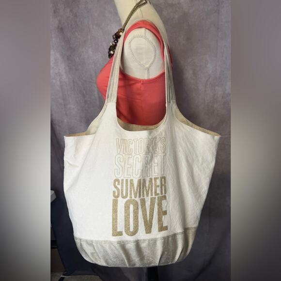 Victorias Secret Sparkle Glitter Summer Love CanvasTote Bag Weekender Gold Cream - Picture 1 of 9